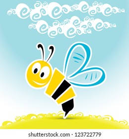 vector bee icon. cartoon cute bright baby bee fly in blue sky . vector illustration. spring / summer landscape with green grass and clear sky