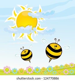 vector bee icon. cartoon cute bright baby bee fly in blue sky . vector illustration. spring / summer landscape with green grass and clear sky