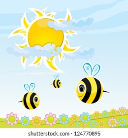 vector bee icon. cartoon cute bright baby bee fly in blue sky . vector illustration. spring / summer landscape with green grass and clear sky
