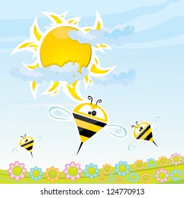 vector bee icon. cartoon cute bright baby bee fly in blue sky . vector illustration. spring / summer landscape with green grass and clear sky