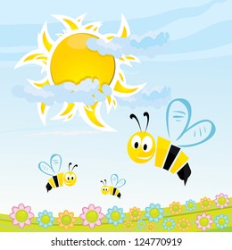 vector bee icon. cartoon cute bright baby bee fly in blue sky . vector illustration. spring / summer landscape with green grass and clear sky