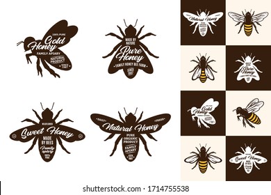 Vector bee icons and logo collection on different backgrounds