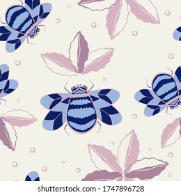 Vector bee seamless pattern. A bee flies to flowers and leaves design for printing on textiles, paper, wallpaper, packaging.