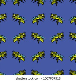 Vector Bee Seamless Pattern Isolated on Blue Background