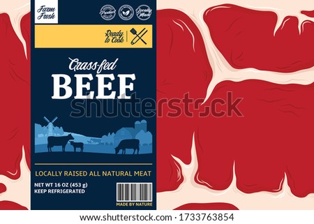 Vector beef label design with rural landscape, cows, calves and farm. Meat beefsteak background