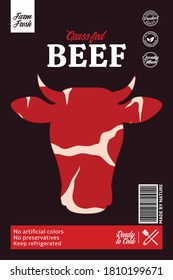 Vector beef packaging or label. Cow icon. Meat beefsteak texture. Butcher's shop design elements