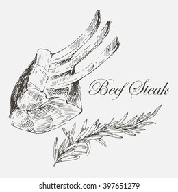 vector beef steak meat hand drawing with pepper and rosemary. detailed ink food illustration