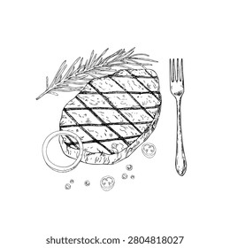 Vector Beef steak with rosemary branch and peppercorns, fork. Graphic ink pork, ribeye, meet illustration, isolated on background. Hand drawn line sketch. For designers, prints, logo, icon, menu, post