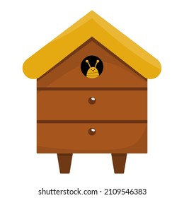 Icono de colmena de vectores. Casa de abejas con un insecto sonriente aislado de fondo blanco. Ilustración del concepto de apicultura. Granja hecha en casa o tema de tienda. Elemento de producción de miel.
