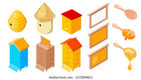 Vector Beehives Apiary set of objects of the beekeeper on a white background isolated object stock illustration: frame, beehive, honey, stick, wax