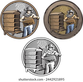 Vector beekeeper character, collecting honey from a beehive. Organic farming illustration in retro woodcut style. Color and black and white vinyl-ready versions.