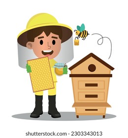 Vendedora vectorial con jarra de miel, abeja, colmena. Niño lindo haciendo ícono de trabajo agrícola. Carácter campesino campesino.