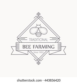Vector beekeeping emblem with honey bee. Thin line design. Traditional farming. Monochrome, isolated