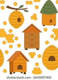 Vector beekeeping seamless pattern. Texture with houses for bees, apiaries, beehive, honeycombs on white background for wallpaper, fabric
