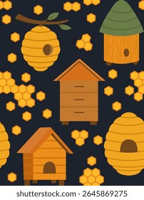 Vector beekeeping seamless pattern. Texture with houses for bees, apiaries, beehive, honeycombs on dark background for wallpaper, fabric