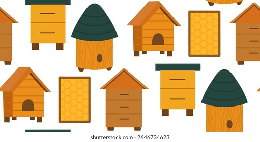 Vector beekeeping seamless pattern. Texture with houses for bees, apiaries, beehive, honeycombs in frames on white background for wallpaper, fabric