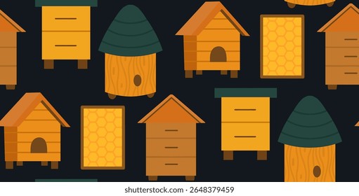 Vector beekeeping seamless pattern. Texture with houses for bees, apiaries, beehive, honeycombs in frames on dark background for wallpaper, fabric
