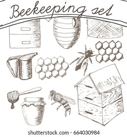 Vector beekeeping set. Vintage ink hand drawn sketch illustration. Engraved organic food. Honey, spoon, honeycomb, hive, hat