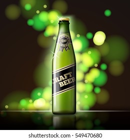 Vector Beer advertisement template, green bottle on dark background with bright green lights, on table with reflection.