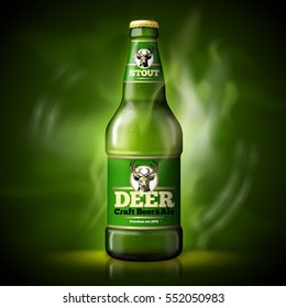 Vector Beer advertisement template, green bottle on dark background with bright green lights, on table with reflection. With stag label design.