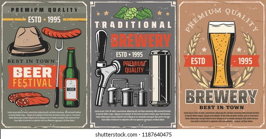 Vector beer alcohol drink in mug, bottle or can, tap and sausage on fork. Beer brewery and Oktoberfest German traditional beer festival. Hat and hop, laurel wreath vintage posters