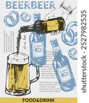 Vector beer background. Beer bottles, glass mug, snacks, hand holding beer bottle. Food and drink design template. For cafe and bar menu, craft brewery design.