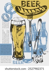 Vector beer background. Beer bottles, glass, snacks. Food and drink design template. For cafe and bar menu, craft brewery design.