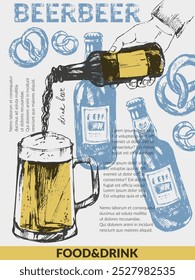 Vector beer background. Beer bottles, glass mug, snacks, hand holding beer bottle. Food and drink design template. For cafe and bar menu, craft brewery design.