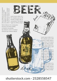 Vector beer background. Beer bottles, glass mug, snacks. Food and drink design template. For cafe and bar menu, craft brewery design.