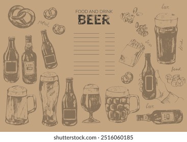 Vector beer background on craft brown paper. Beer bottles, glass, mug, snacks, hand holding beer bottle. Food and drink design template. For cafe and bar menu, craft brewery design.