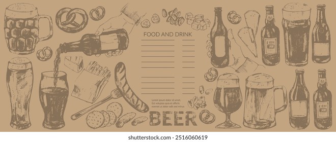 Vector beer background on craft brown paper. Beer bottles, glass, mug, snacks, hand holding beer bottle. Food and drink design template. For cafe and bar menu, craft brewery design.