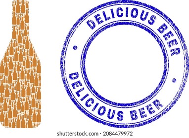 Vector beer bottle icon collage is constructed from randomized self beer bottle pictograms. Delicious Beer textured blue round seal print. Recursion collage for beer bottle icon.
