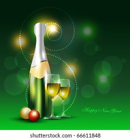 vector beer bottle and wine glass on shiny background
