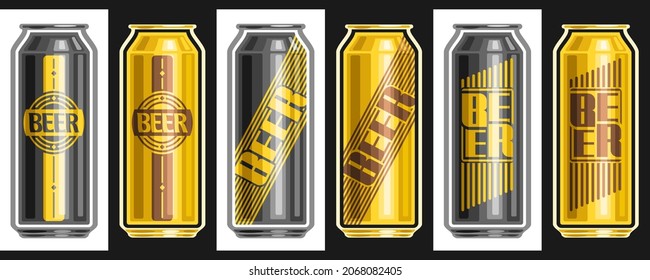 Vector Beer Cans Set, lot collection of cut out illustrations assorted refreshing beer with diverse labels on black and white background.