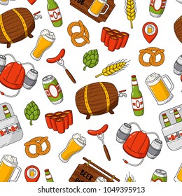 Vector beer cartoon doodle seamless background, pattern, texture, template, wallpaper. Backdrop for print, web design, T-shirts, sweatshirt