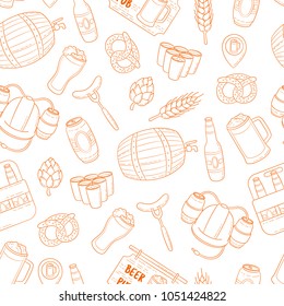 Vector beer cartoon doodle seamless background, pattern, texture, template, wallpaper. Backdrop for print, web design, T-shirts, sweatshirt