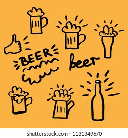 Vector beer collection. Glass of foam beer. Bottle of beer.  Thumbs up. Craft beer.