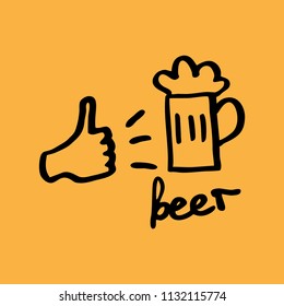 Vector beer. Craft beer. Glass of foam beer. Thumbs up. Beer doodles. Oktoberfest.