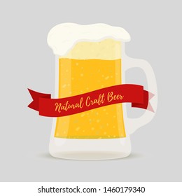 Vector beer cup with foam, label for Octoberfest, restaurants or craft brewery. Cartoon flat style, transparent glass. Alcohol drink in pint, yellow beverage