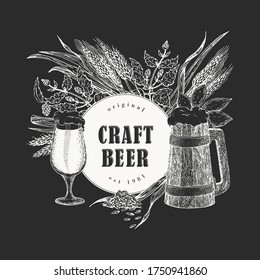 Vector beer design template. Hand drawn illustrations on chalk board. Vintage beer background