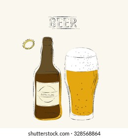 Vector beer drawing. Light colored charcoal sketch. Open beer bottle and a glass full of beer with foam. Retro style illustration.