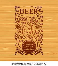 Vector beer emblem with hops and malton a wooden background