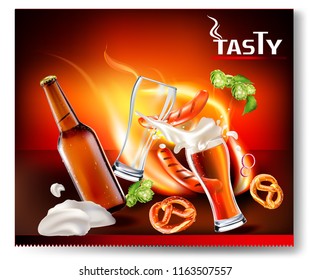 Vector Beer Glass, Barbeque Sausage, Bavarian pretzel,Hops. Beer bottle with water drops.Onion rings. Fire. Foam Splash.Label, sticker, logo, leaflet for sale of beer.