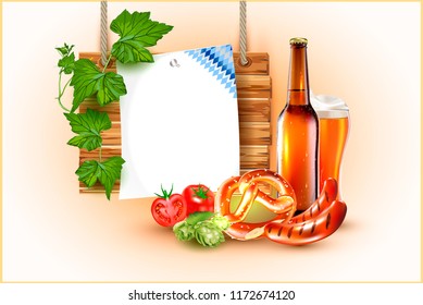 Vector Beer Glass, Barbeque Sausage, Bavarian pretzel,Meat.Oktoberfest beer festival.Label, sticker, logo, leaflet for sale of beer and meat.