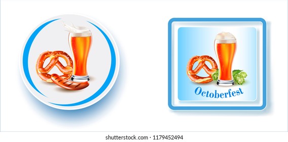 Vector Beer Glass, Barbeque Sausage, Bavarian pretzel.Oktoberfest beer festival.Label, sticker, logo, leaflet for sale of beer and meat.