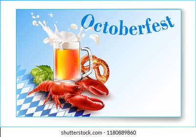 Vector Beer Glass. Vector crayfish. Bavarian pretzel.Oktoberfest beer festival.Label, sticker, logo, leaflet for sale of beer.