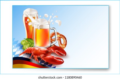 Vector Beer Glass. Vector crayfish. Bavarian pretzel.Oktoberfest beer festival.Label, sticker, logo, leaflet for sale of beer.