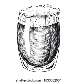 Vektorbierglas mit Schaumstoff. Eine handgezeichnete Skizze. Gravur-Stil. Ink Zeichnung für Menüdesign, Werbung, Verpackung, Etiketten. Vintage-Illustration mit Erfrischungsgetränk