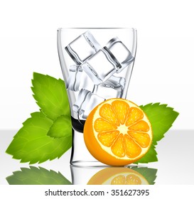 Vector beer glass with ice, orange and mint