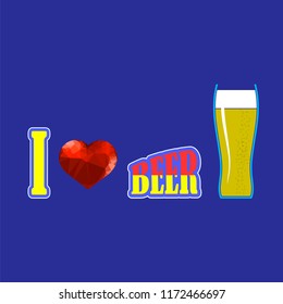 Vector Beer Glass and Red Polygonal Heart on on Blue Background